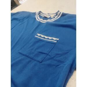 Vintage 80s BLAST Ringer t- Shirt Blue Striped Aztec Indian Tribal Cherokee LG